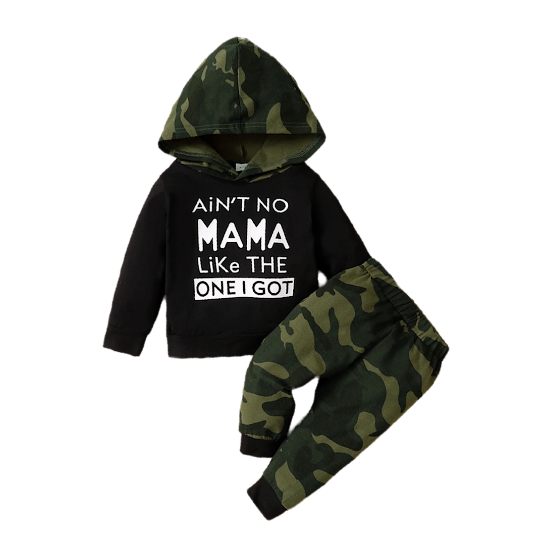 “Ain’t No Mama" Black Camo Hoodie Set