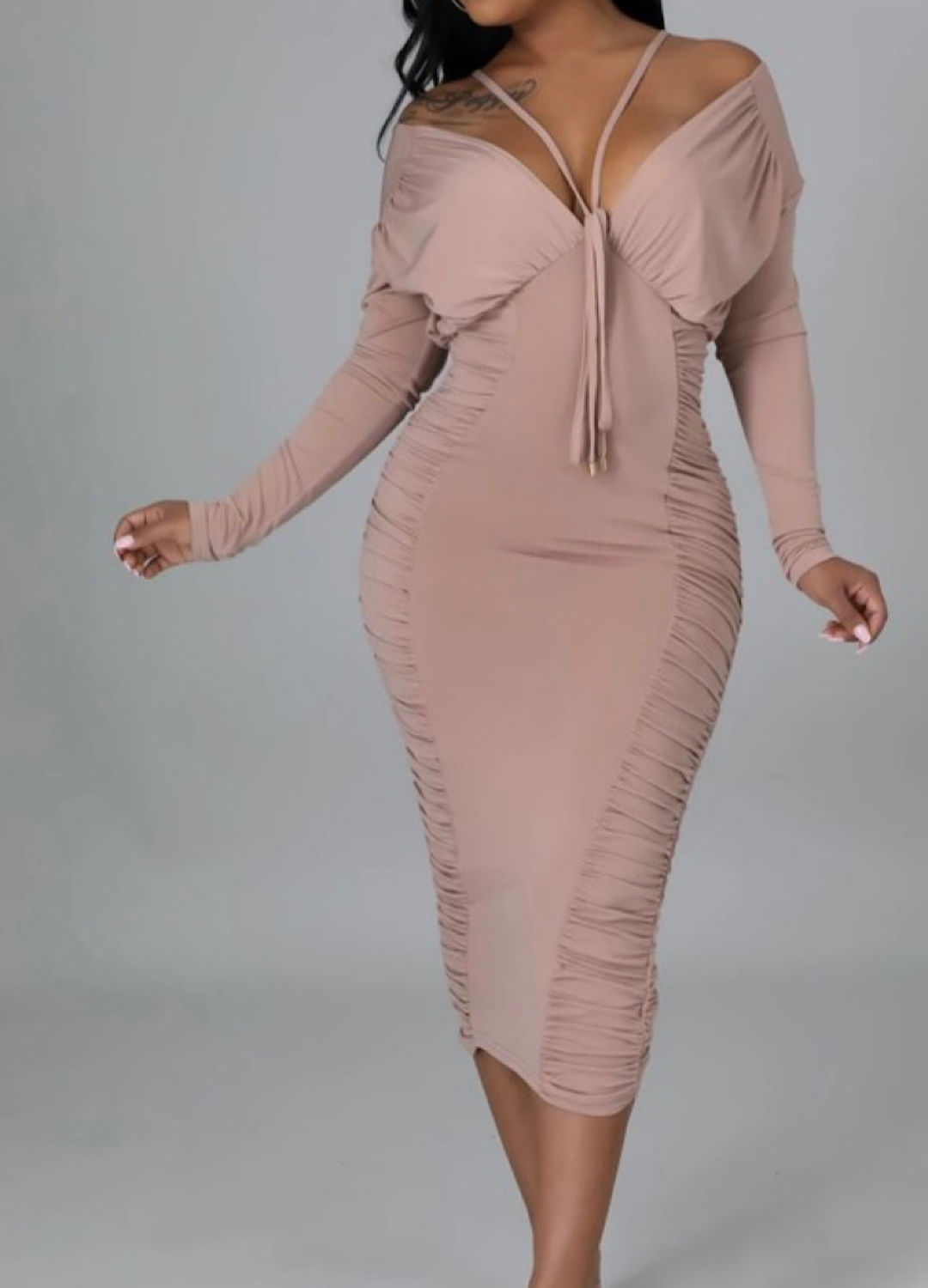 nude midi dress Nude Ruched Midi Dress – Royal Three Boutique