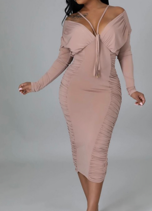 Nude Ruched Midi Dress