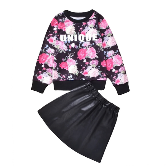 Floral “Unique” Faux Leather Skirt Set