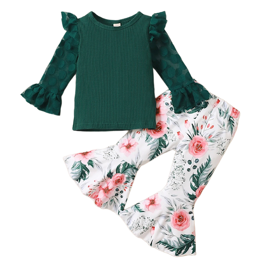 Green & White Floral Bell Bottom Set