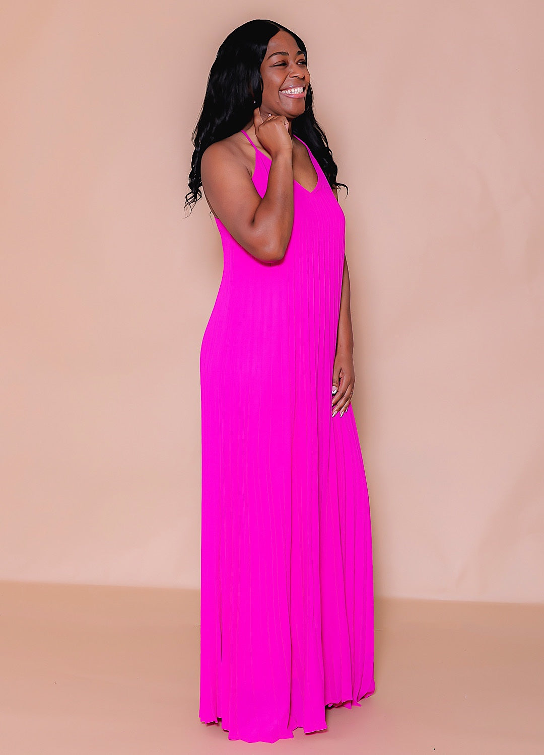 three floor pleat dress Wine Red Vegan Leather Pleated Skirt Maxi Dress - Designer - Three Floor